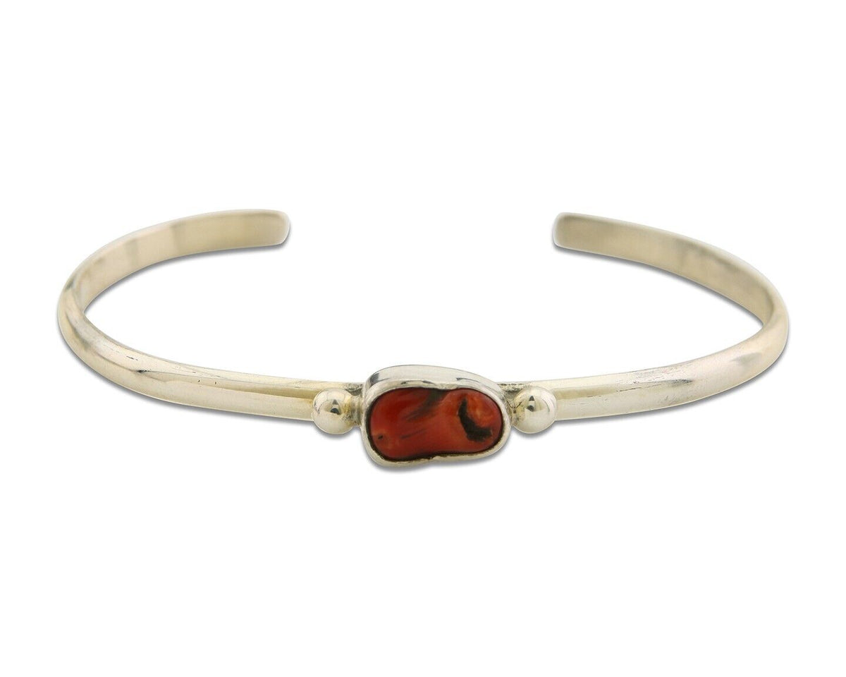 Navajo Bracelet .925 Silver Mediterranean Red Coral Cuff Native Artist C.80's