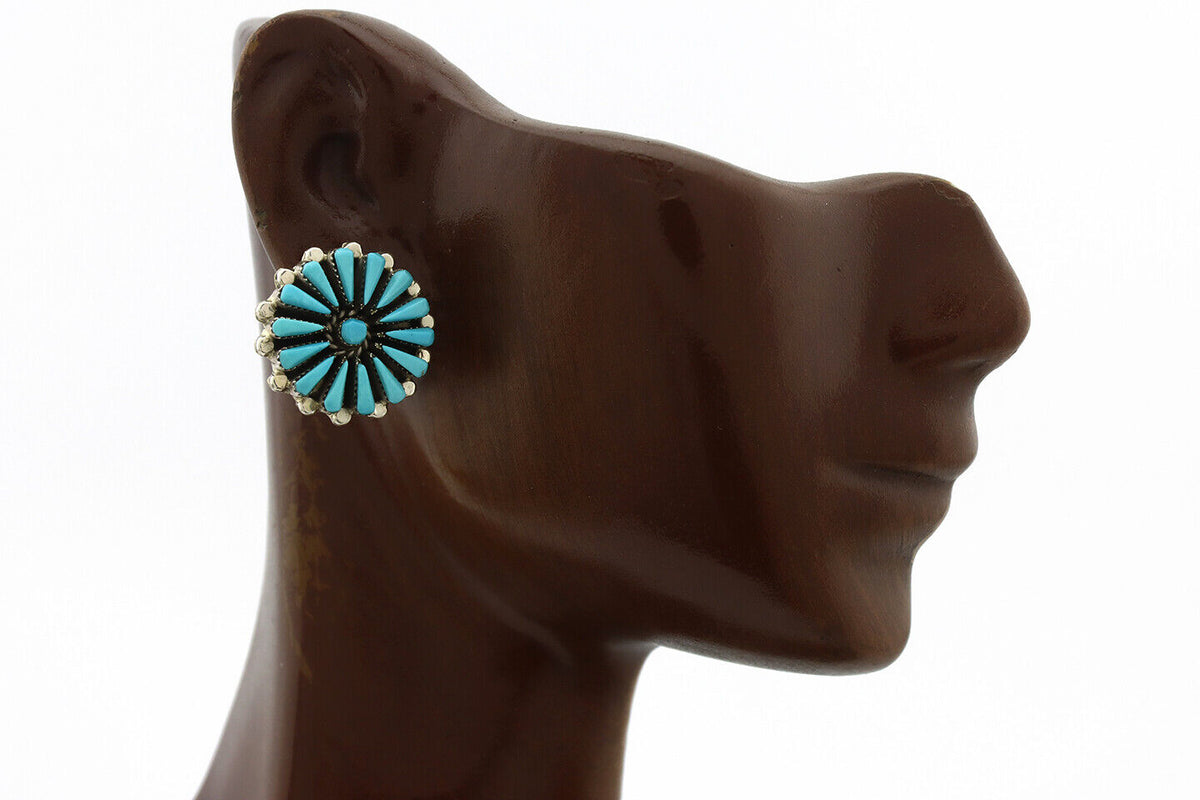 Zuni Earrings .925 Silver Petti Point Natural Blue Turquoise Native Artist C.80s