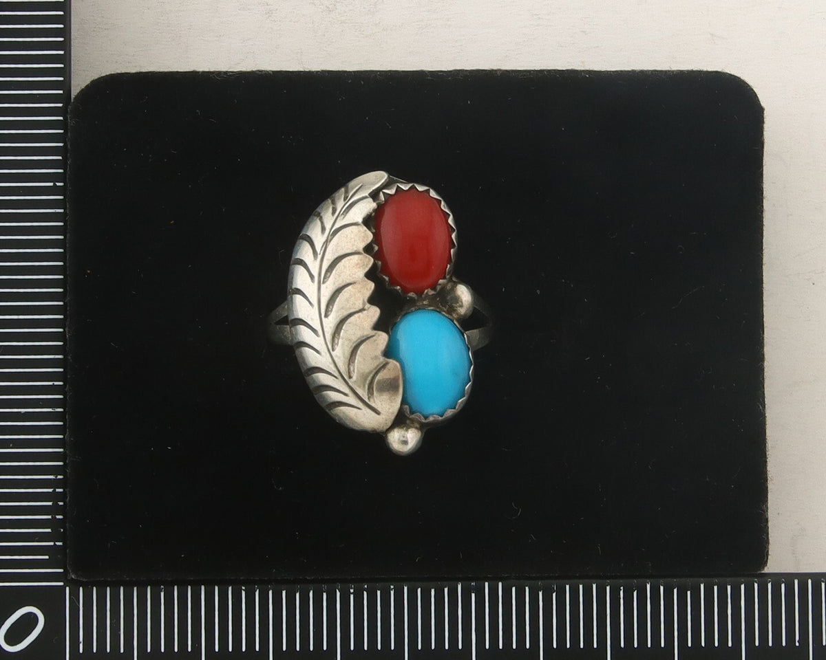 Navajo Ring 925 Sterling Natural Coral & Turquoise Signed BB C.80's Size 5.25