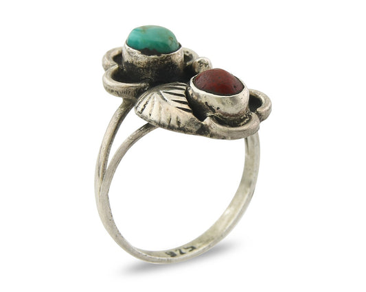 Vintage Navajo Ring 925 Sterling Silver Authentic Turquoise & Coral Size 6.75