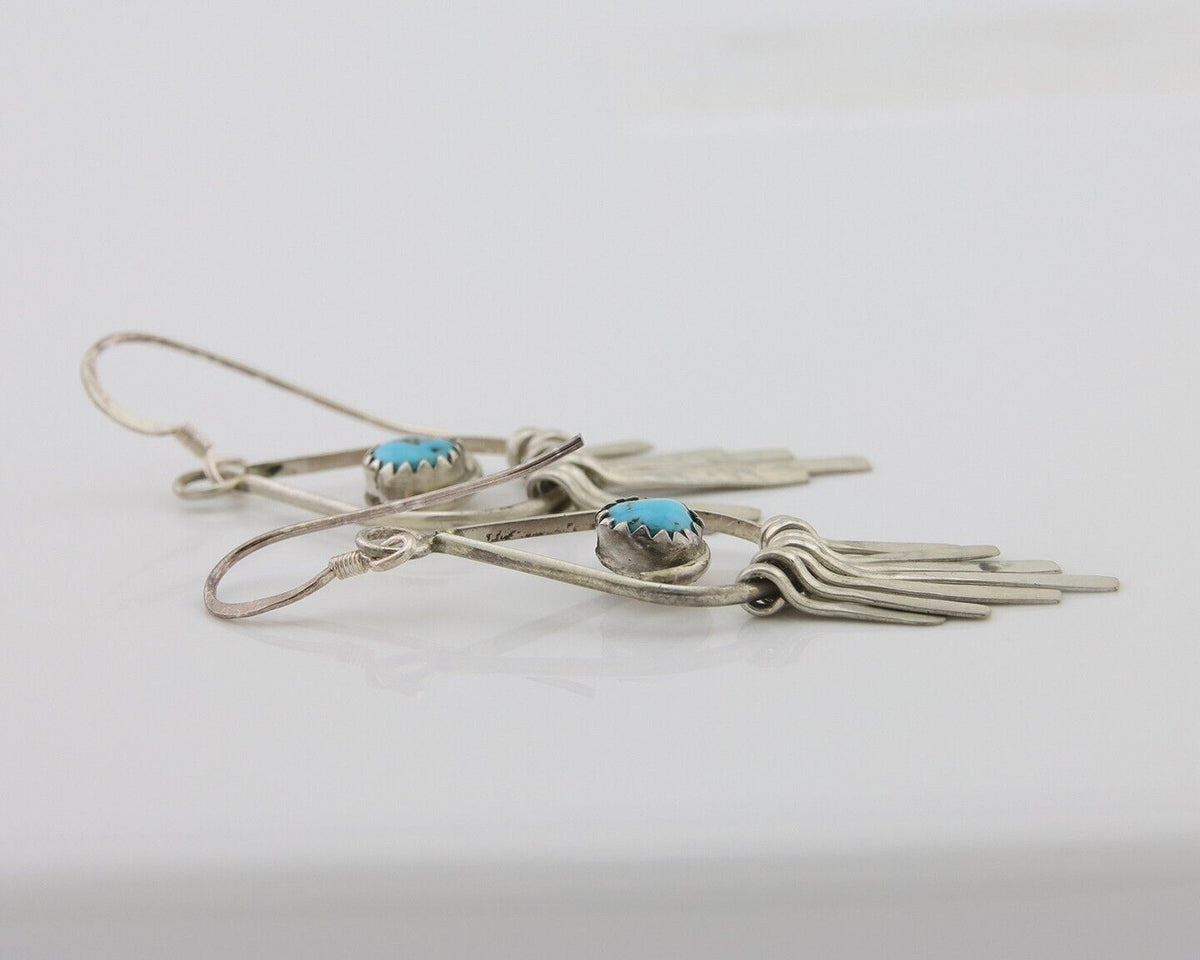 Navajo Dangle Earrings 925 Silver Natural Turquoise Artist Signed JB C.80's