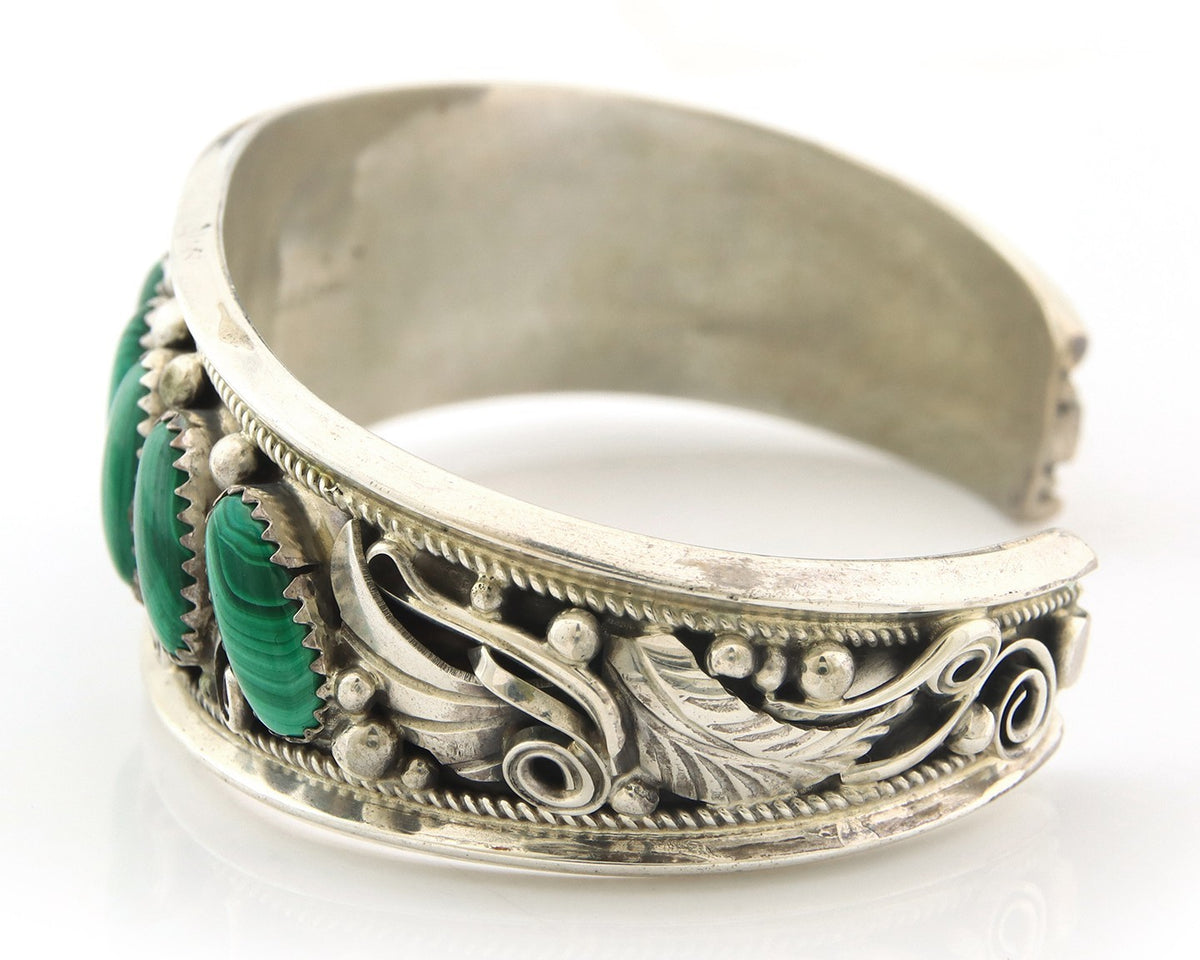 Navajo Cuff Bracelet Sterling Silver Natural Malachite Vintage Signed JM