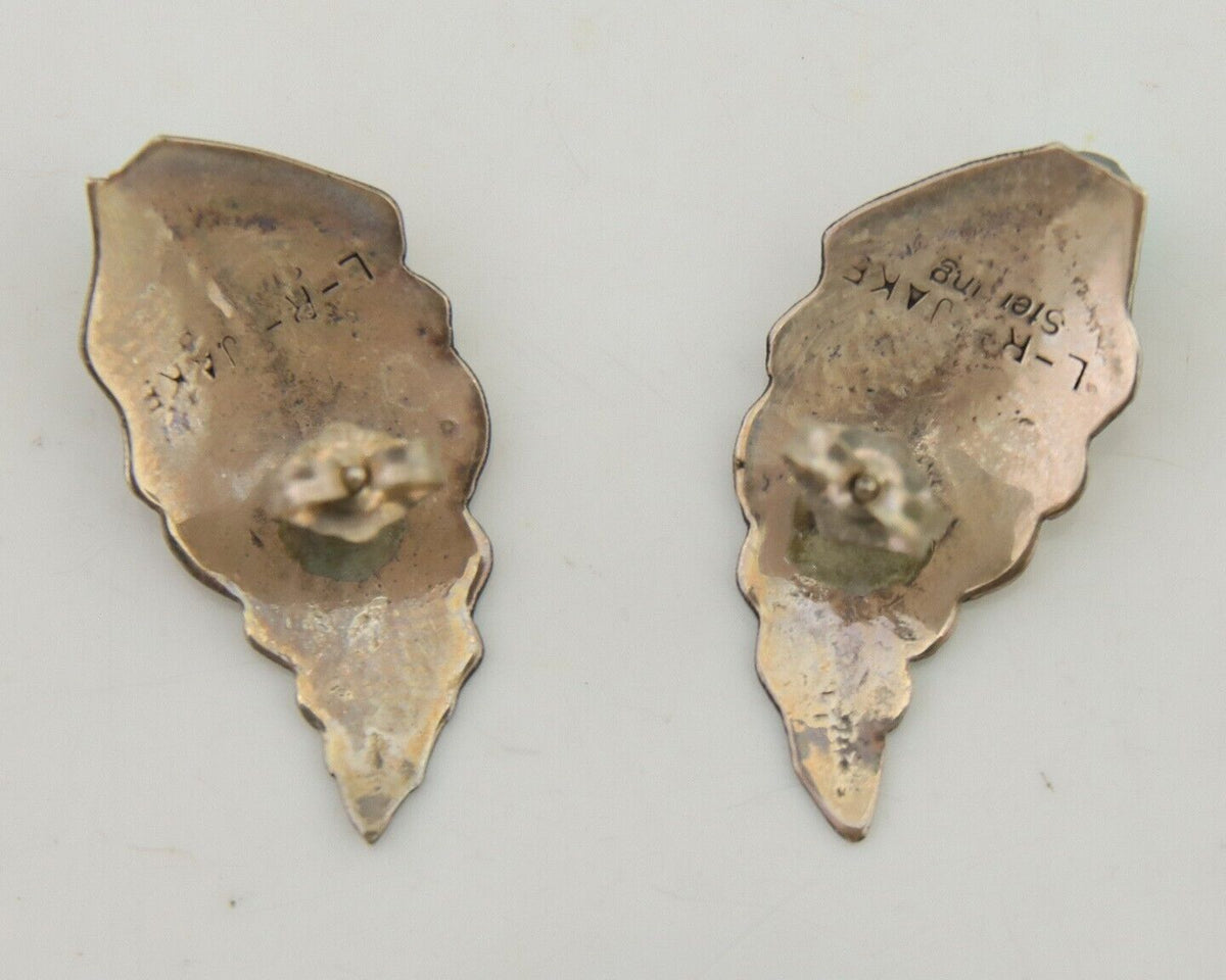 Navajo Earrings 925 Silver Natural Turquoise Artist Signed L-R Jake C.80's