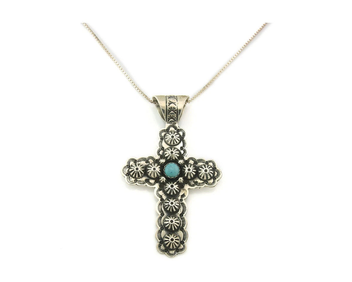 Navajo Cross Necklace Sterling Silver Natural Turquoise Artist Signed 1994