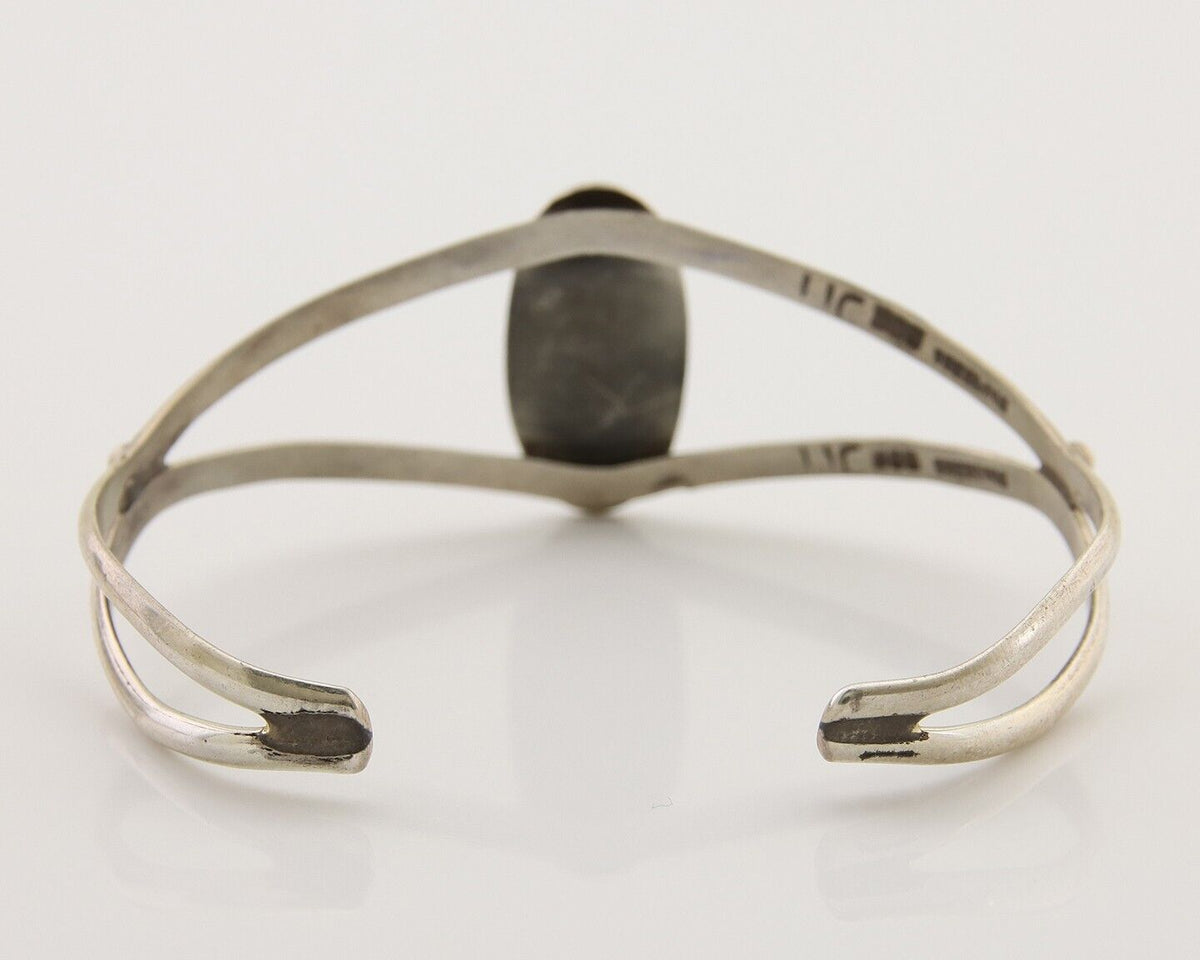 Navajo Hand Stamped Cuff Bracelet Malachite 925 Silver Artist Signed IJC C.80's