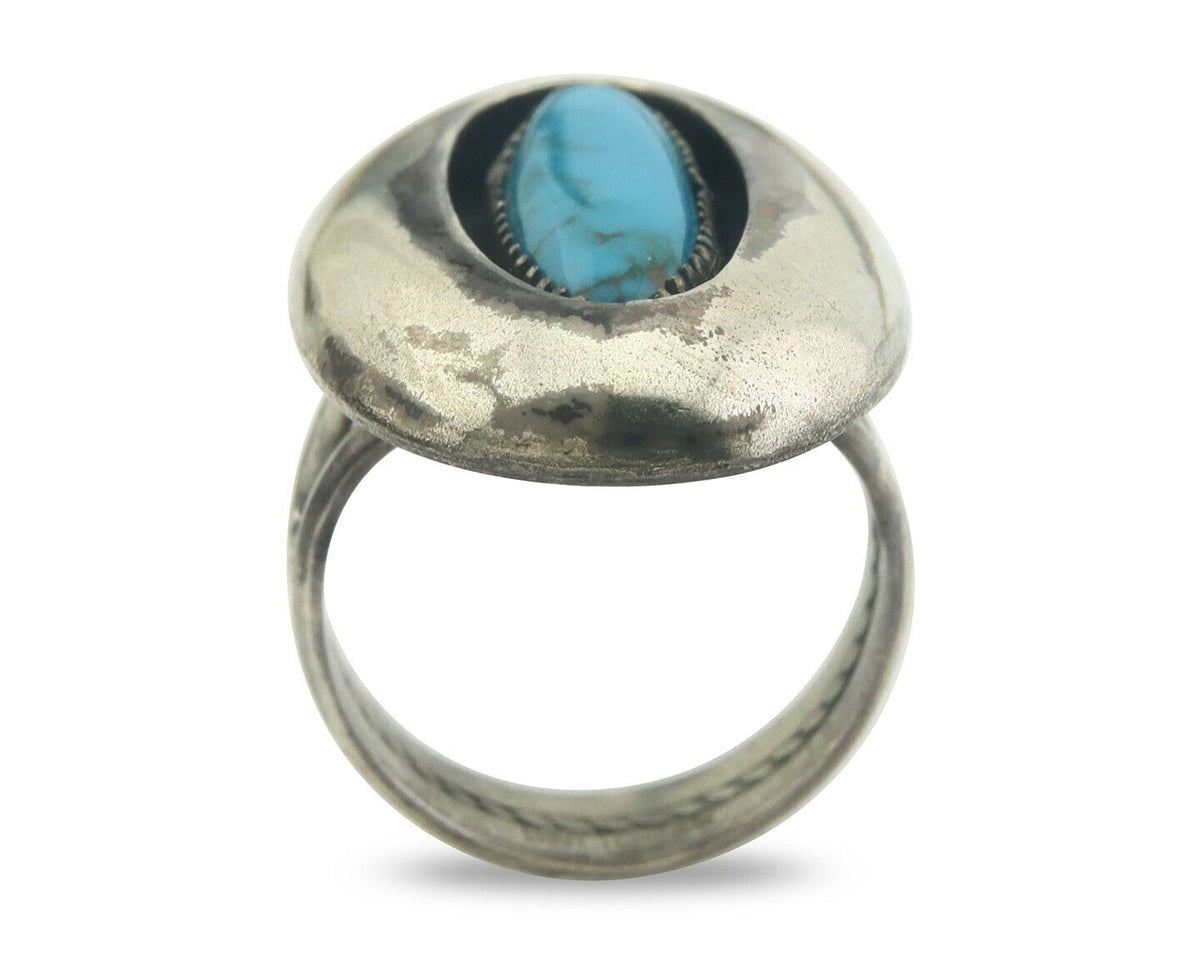 Navajo Ring 925 Sterling Turquoise Handmade Native Artist C.80's Size 8.0