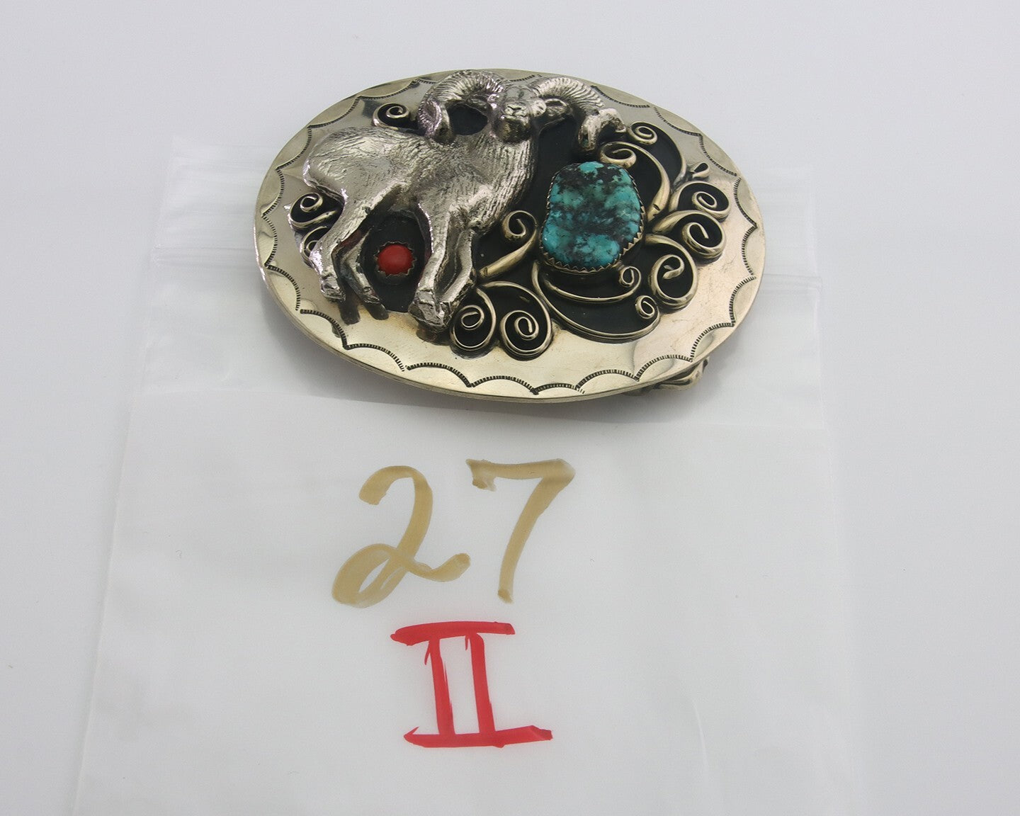 Navajo Belt Buckle .999 Nickel Buffalo Gemstone Signed 2.5 x 3.0 in C.80's