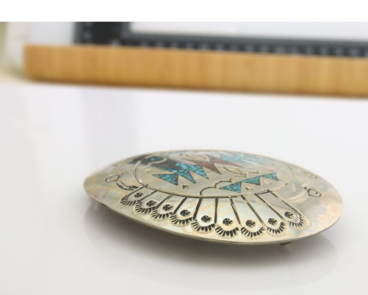 Navajo Belt Buckle .999 Nickel Buffalo Gemstone Signed Jimmie Nezzie 3x3.5in C80