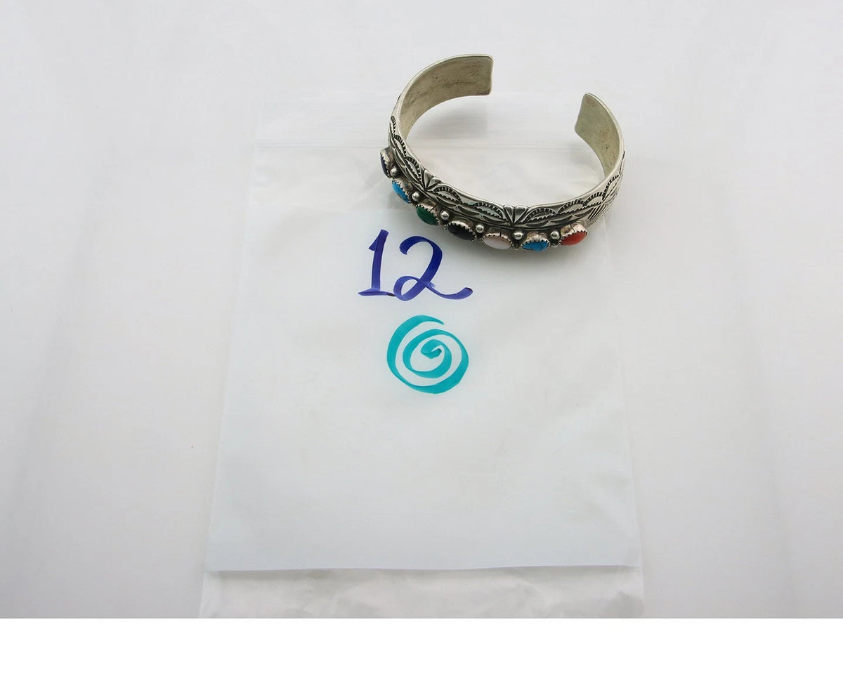 Navajo Cuff Bracelet Sterling Silver Natural Gemstone Vintage Signed WB