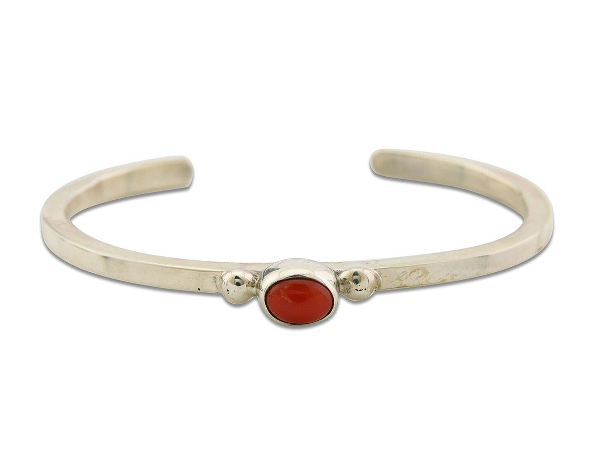 Navajo Bracelet .925 Silver Mediterranean Red Coral Cuff Native Artist C.80's
