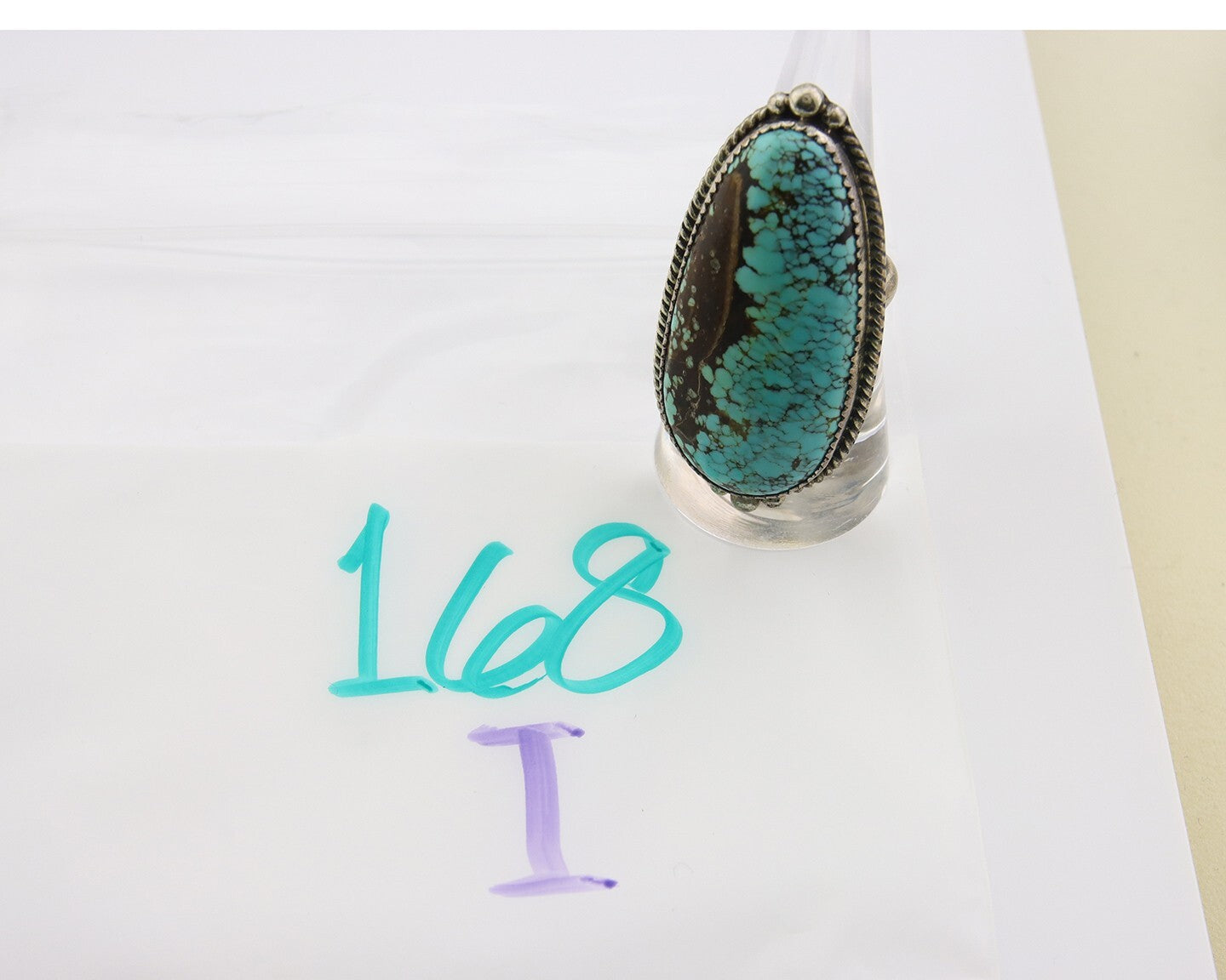 Navajo Ring 925 Sterling Spiderweb Blue Turquoise Native Artist C.80's Size 7.5