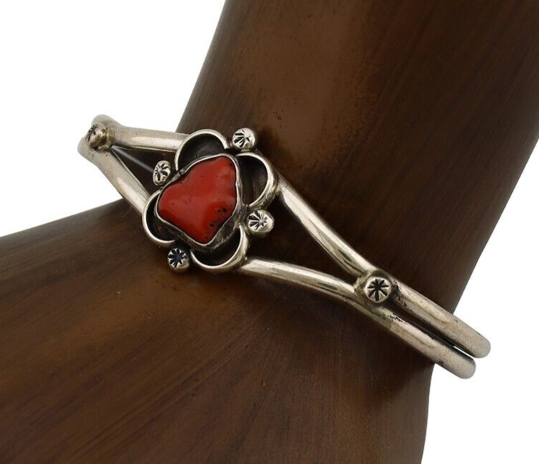 Navajo Bracelet 925 Silver Natural Red Coral Native American Artist C.80's