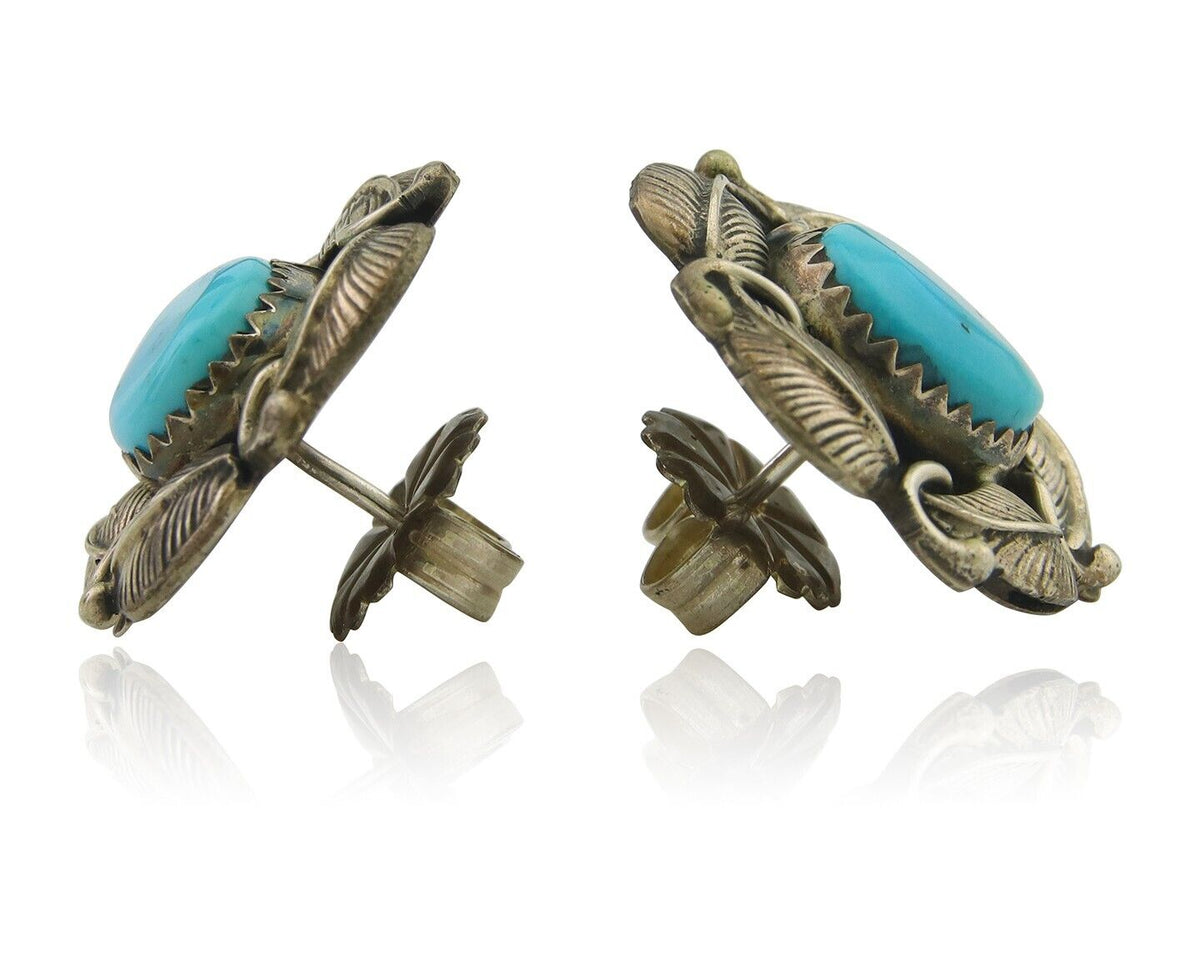 Navajo Earrings 925 Silver Natural Turquoise Artist Signed JV C.80's