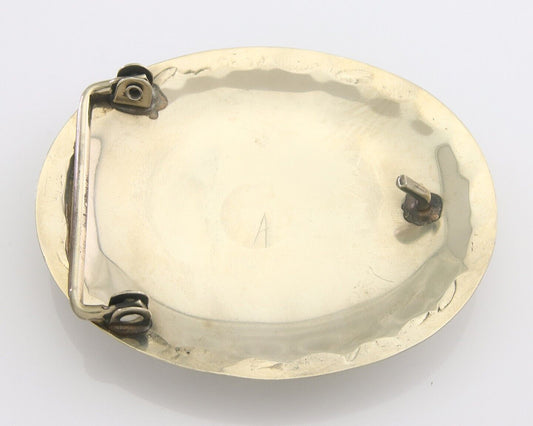 Navajo Belt Buckle .999 Nickel Buffalo Gemstone Signed 2.35 x 3.0 in C.80's
