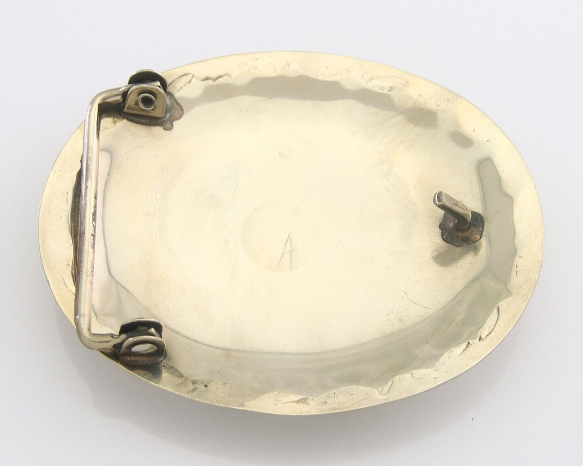 Navajo Belt Buckle .999 Nickel Buffalo Gemstone Signed 2.35 x 3.0 in C.80's