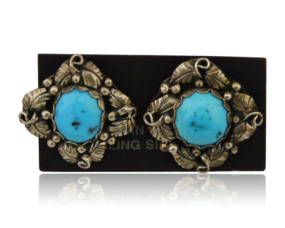Navajo Shield Natural Turquoise Earrings 925 Silver Native American Artist C.80s