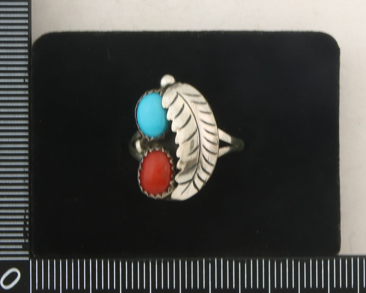 Navajo Ring 925 Sterling Natural Coral & Turquoise Signed BB C.80's Size 7.25