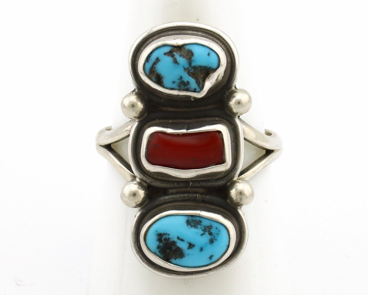 Navajo Ring 925 Silver Sleeping B Turquoise & Coral Native American Artist C.80s