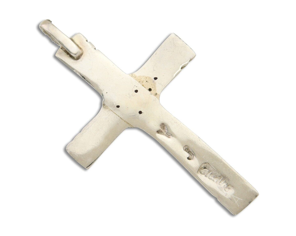Navajo Sand Cast Cross Pendant 925 Silver Turquoise Artist Signed J Yazzie C.80s