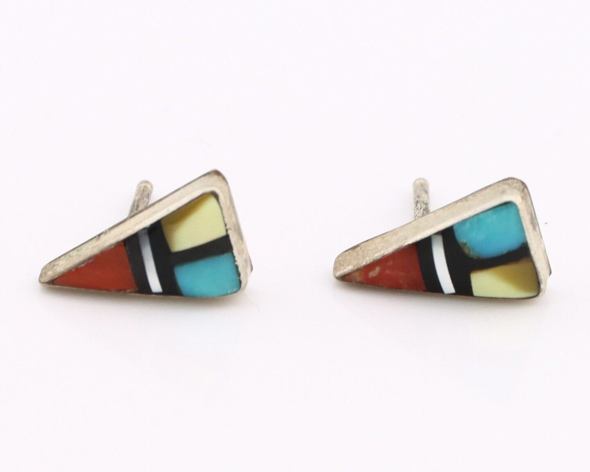 Zuni Earrings 925 Silver Natural Gemstones & Turquoise Native Artist C.80's