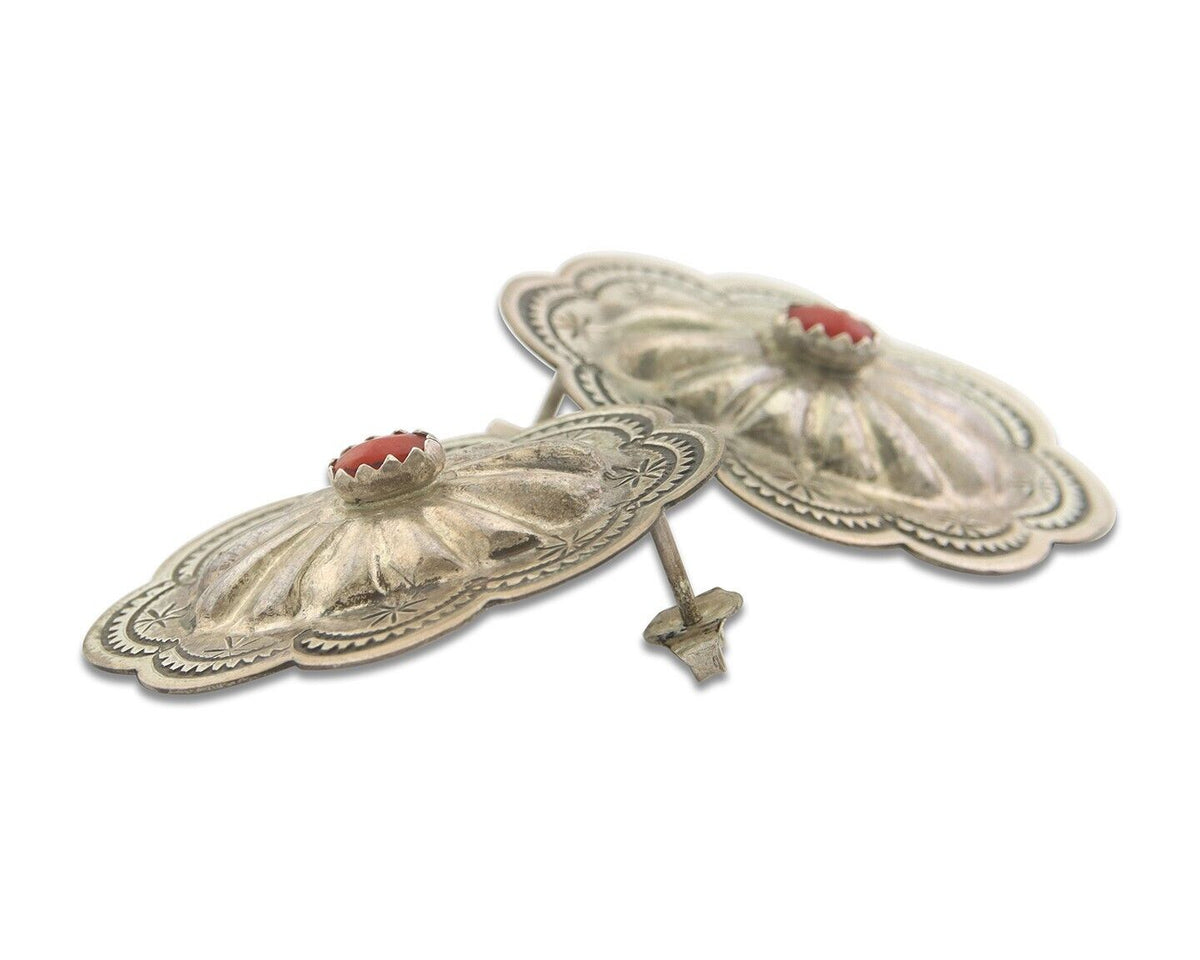 Navajo Earrings 925 Silver Natural Coral Native American Artist C.80's