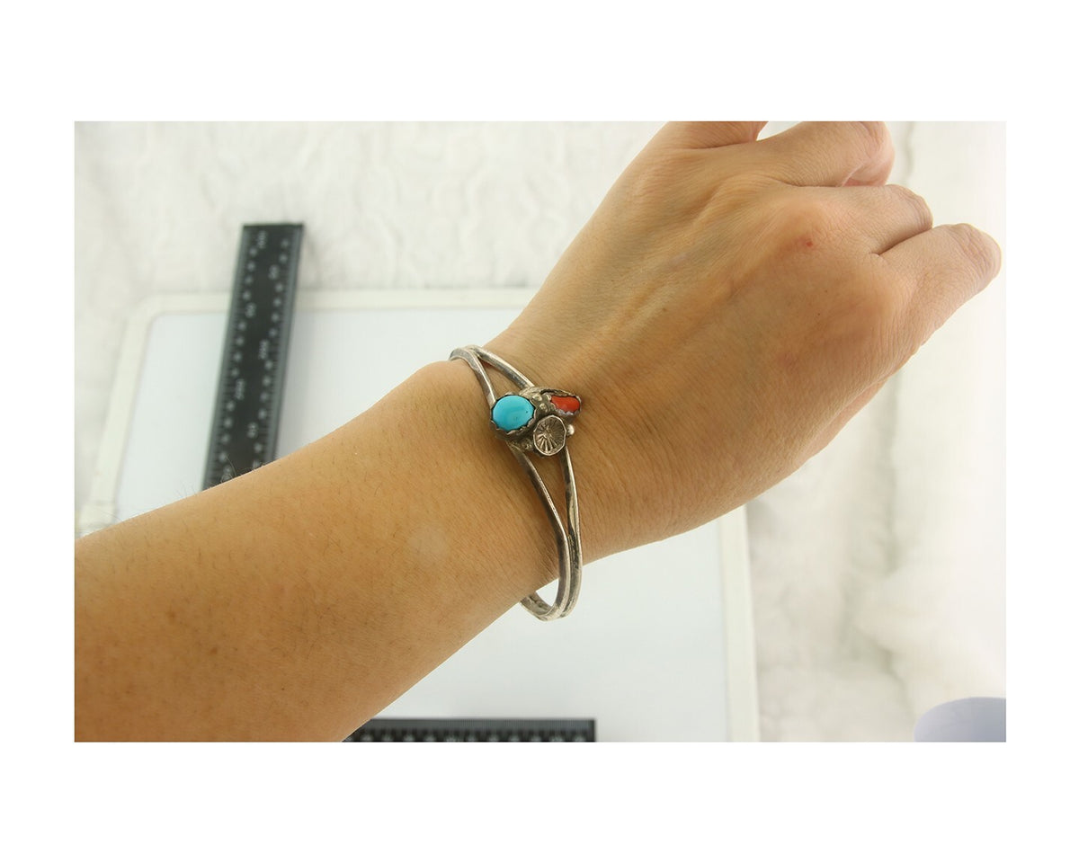 Navajo Bracelet 925 Silver Coral & Turquoise Cuff Signed C.80's