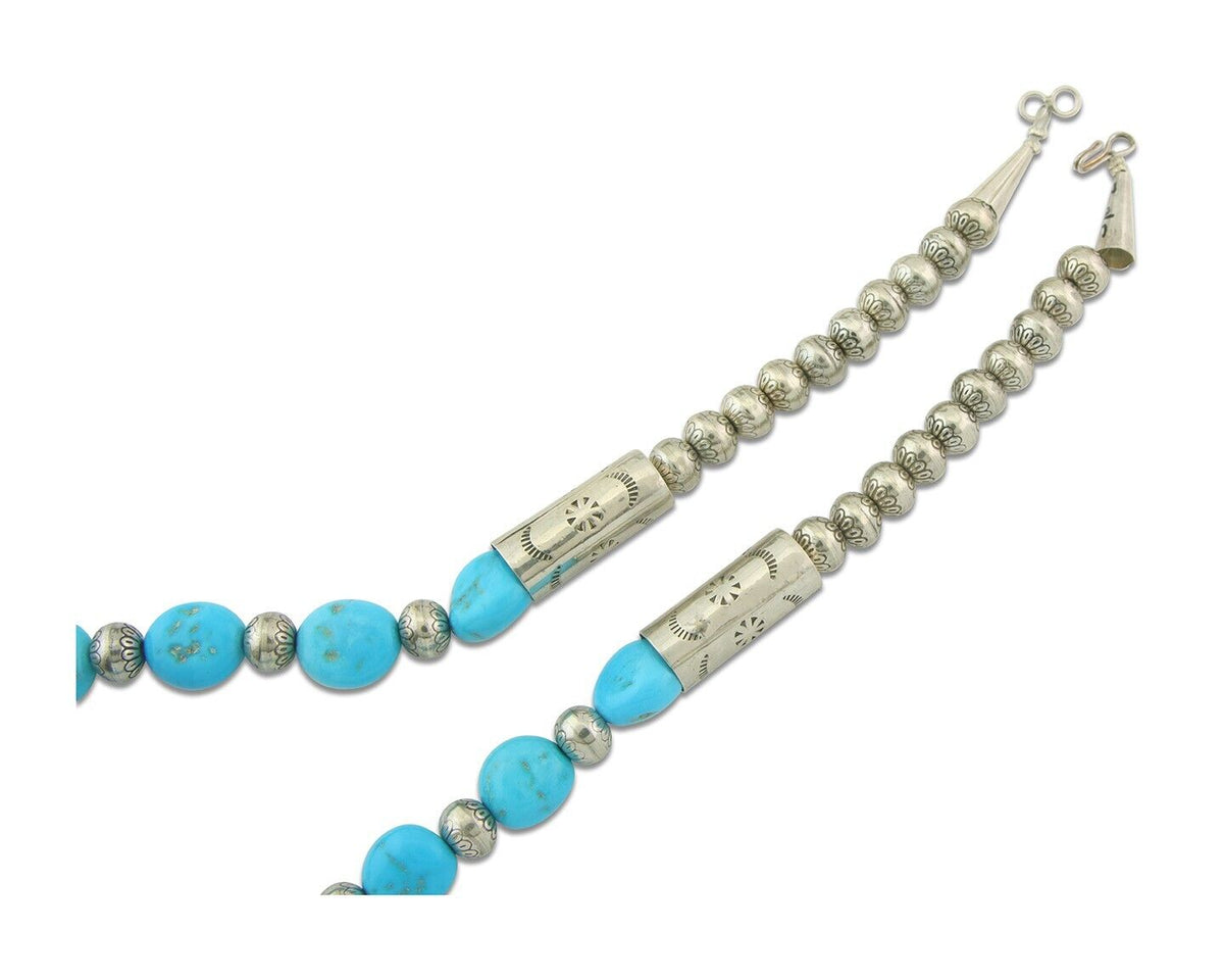 Vintage Navajo Bead Necklace 925 Silver Turquoise Hand Stamped Native Artist