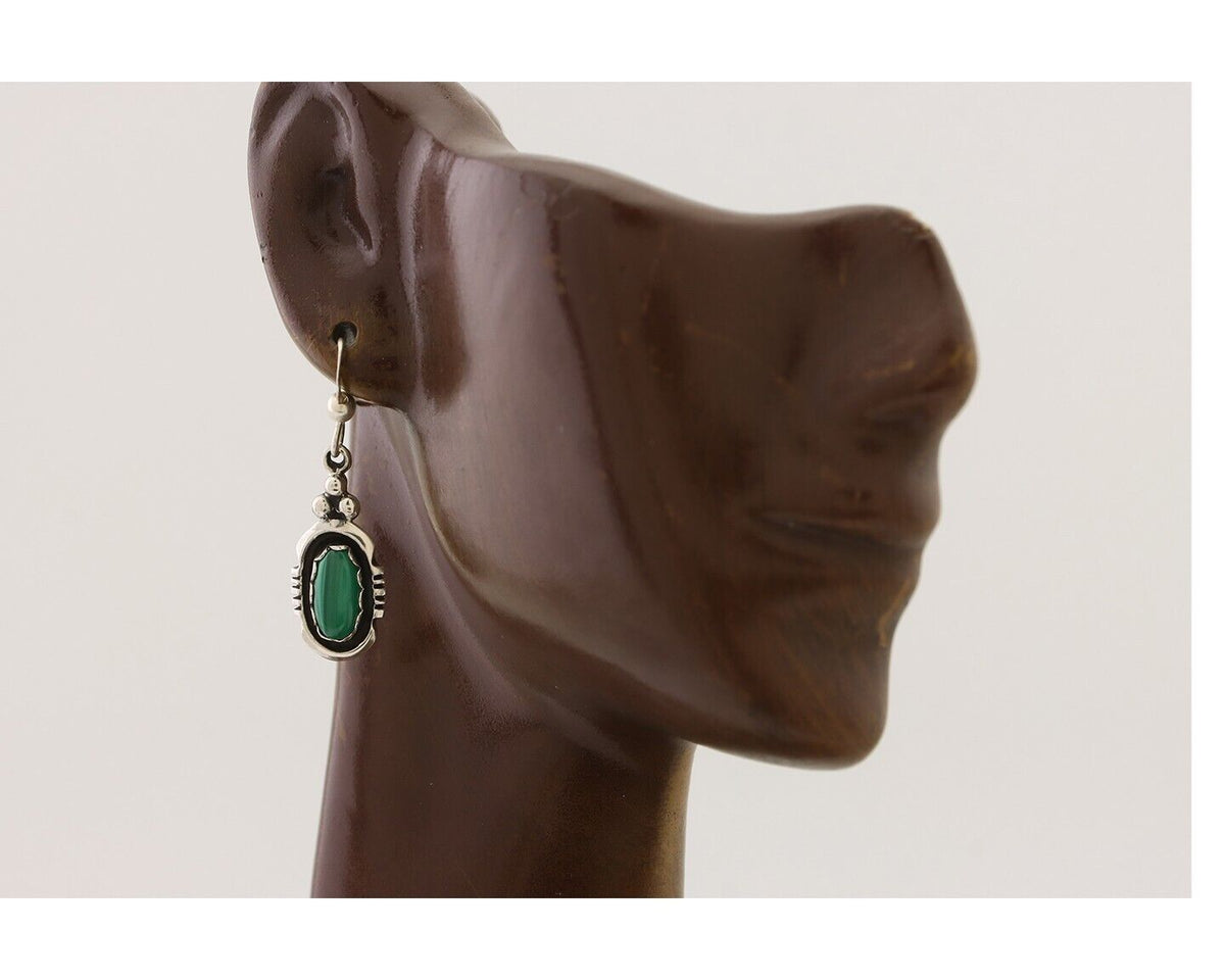Navajo Dangle Earrings 925 Silver Natural Malachite Native American Artist C.80s