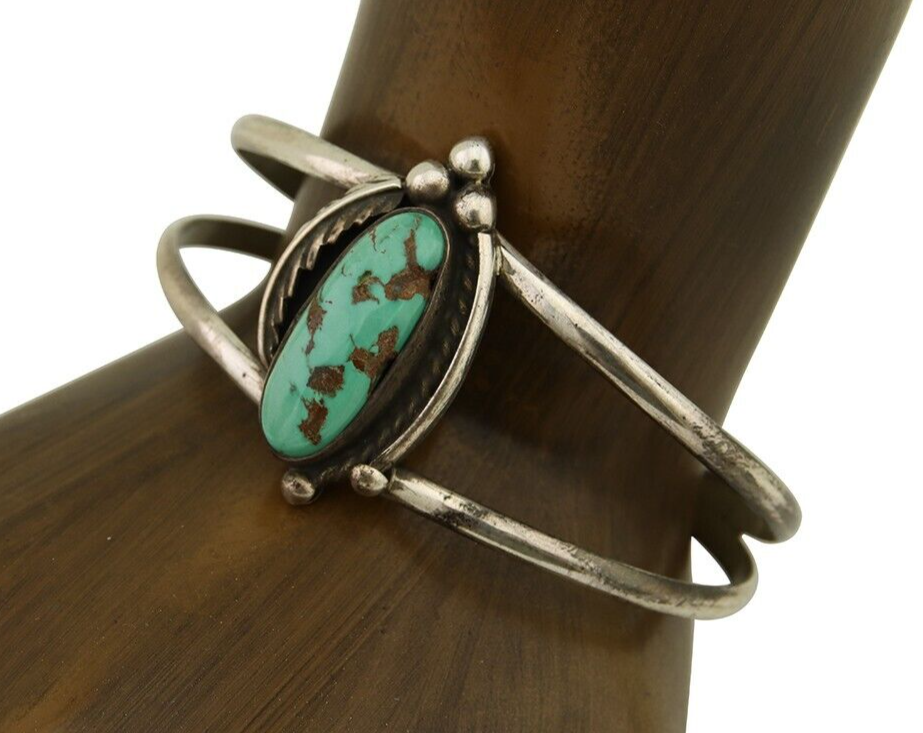 Navajo Hand Stamped Cuff Bracelet Turquoise 925 Silver Signed Sunrise C.80's