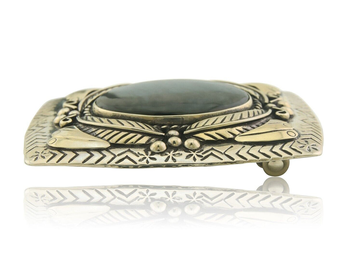 Navajo Belt Buckle .999 Nickel Agate Native Artist Handmade 2.5 x 3.0 in C.80s