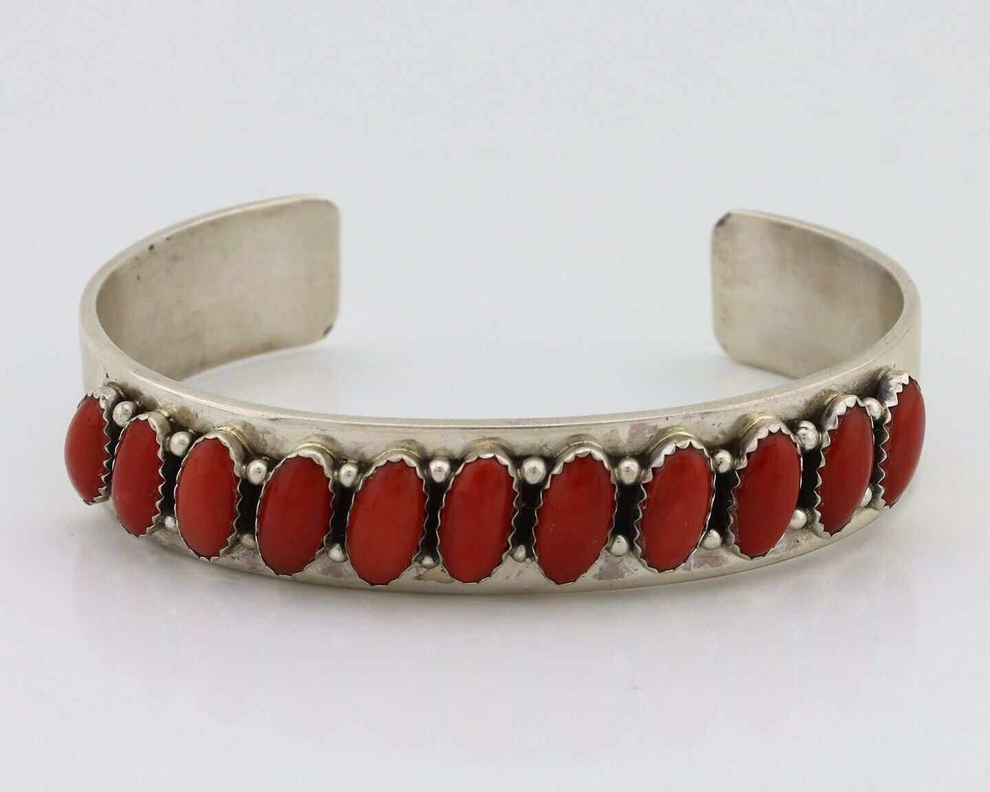 Navajo Bracelet 925 Silver Natural Red Coral Artist Signed Patrick Yazzie C.80's