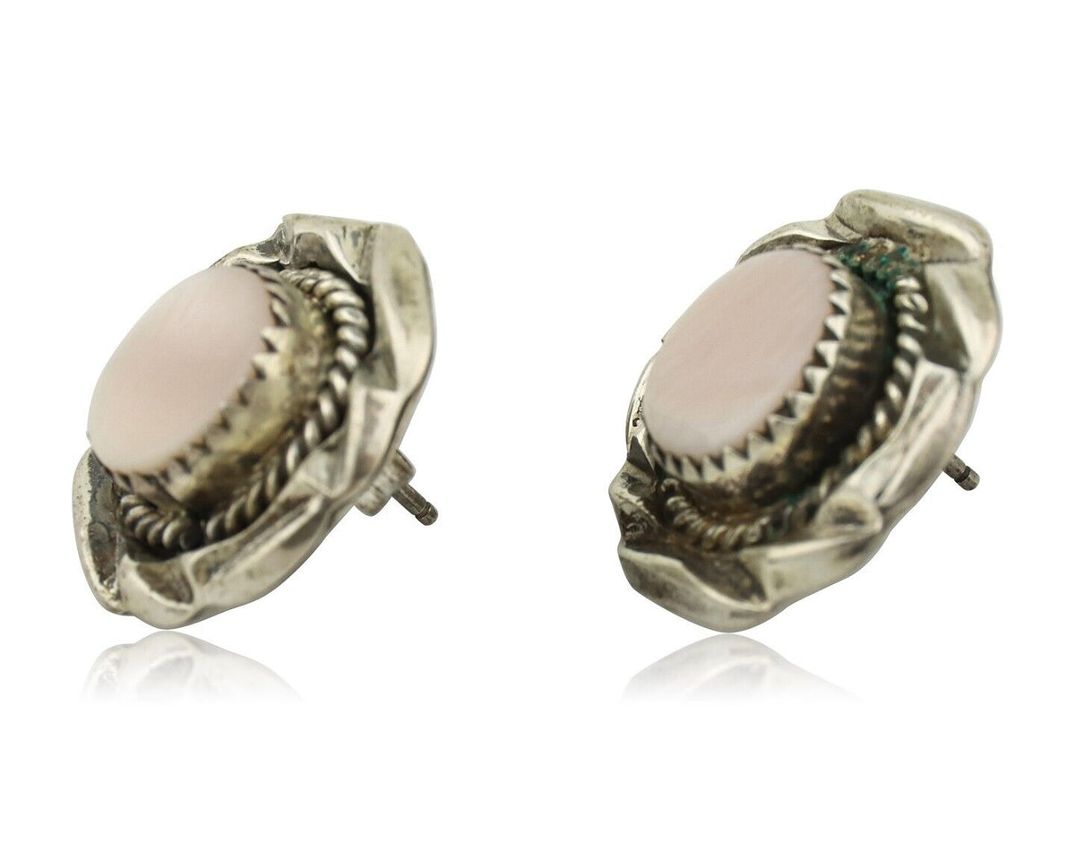 Navajo Handmade Earrings 925 Silver Pink Mussel Native American Artist C.80's
