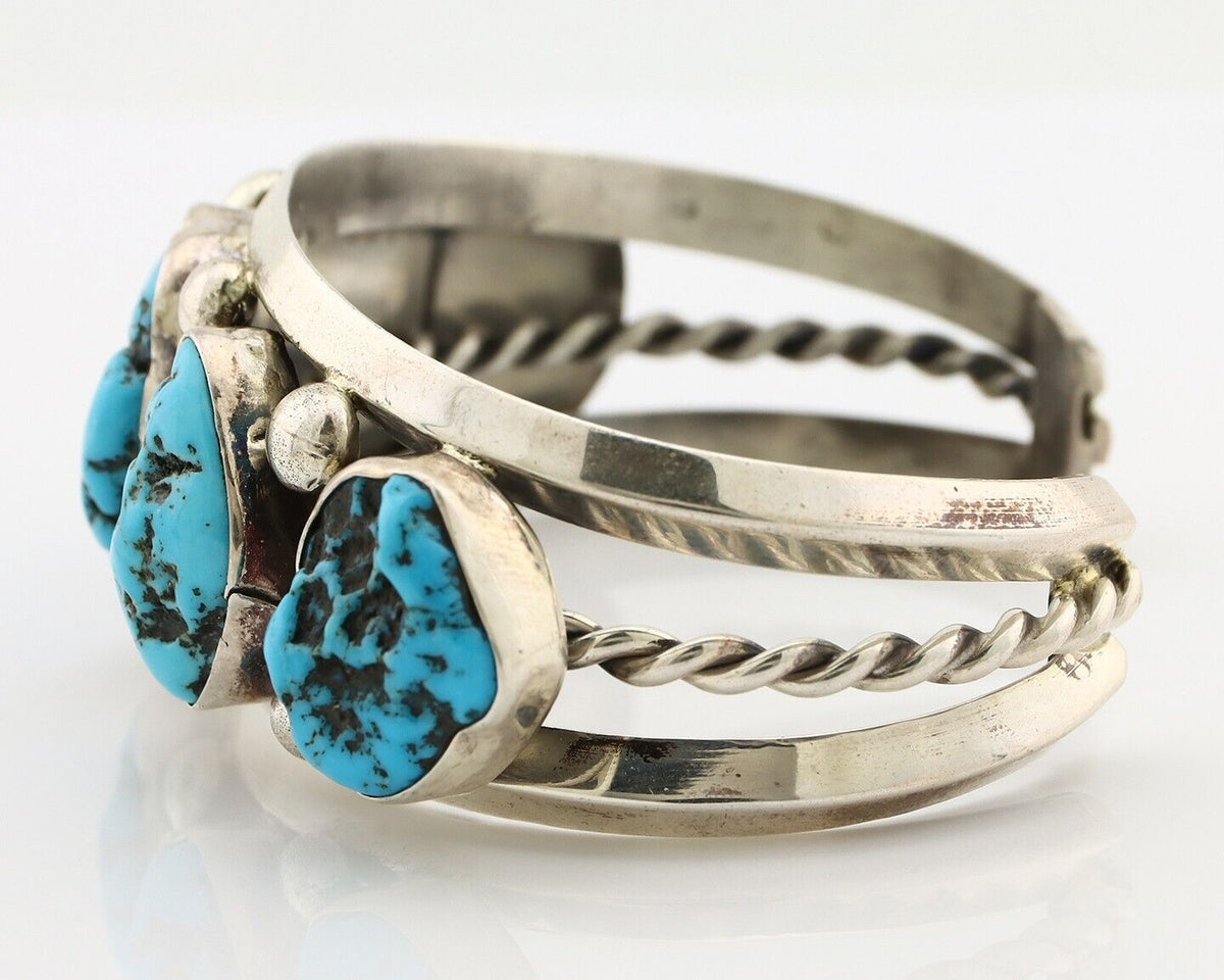 Navajo Bracelet 925 Silver Nugget Sleeping Beauty Turquoise Artist Signed JR C80