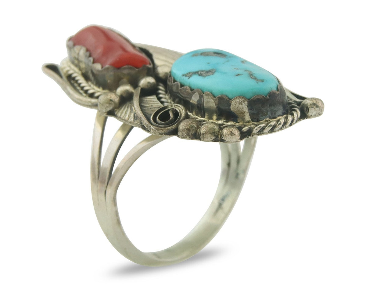Navajo Ring 925 Sterling Natural Coral & Turquoise Signed JM C.80's Size 10.75