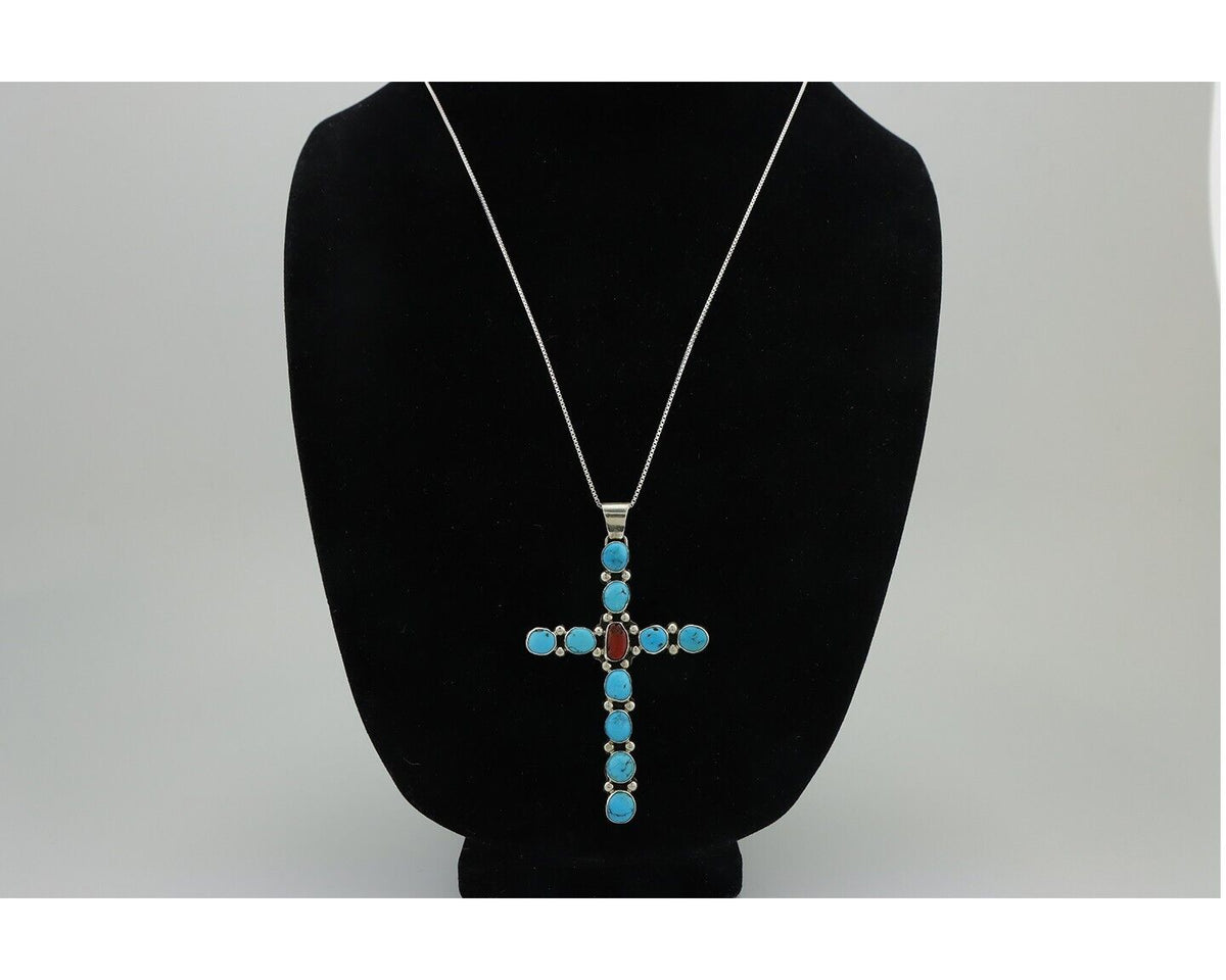 Navajo Cross Necklace 925 Silver Blue Turquoise Artist Signed JWJ C.80's