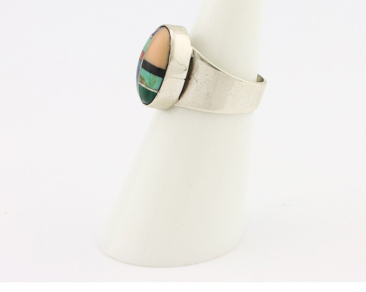 Zuni Inlaid Ring 925 Silver Mixed Natural Gemstones Native American Artist C.80s