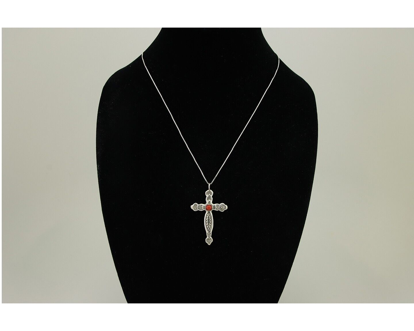 Navajo Cross Necklace 925 Silver Mediterranean Coral Native American Artist C80s