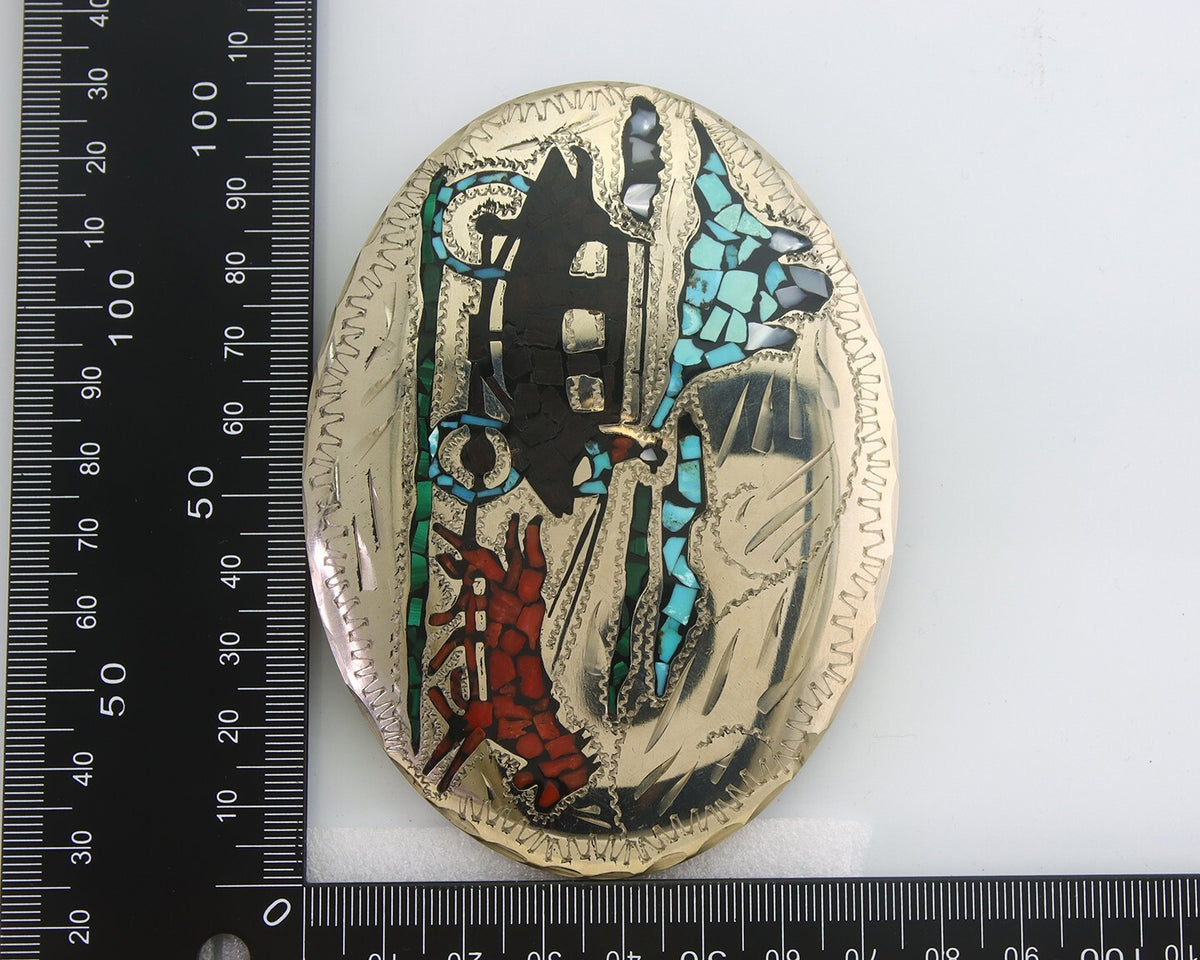 Navajo Belt Buckle .999 Nickel Gemstone Handmade Signed AL 3.0 x 4.0 in C.80s