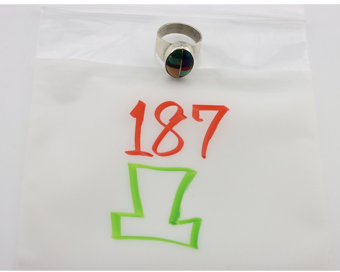 Zuni Inlaid Ring 925 Silver Mixed Natural Gemstones Native American Artist C.80s