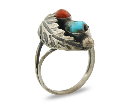 Vintage Navajo Ring 925 Sterling Silver Authentic Turquoise & Coral Size 4.75