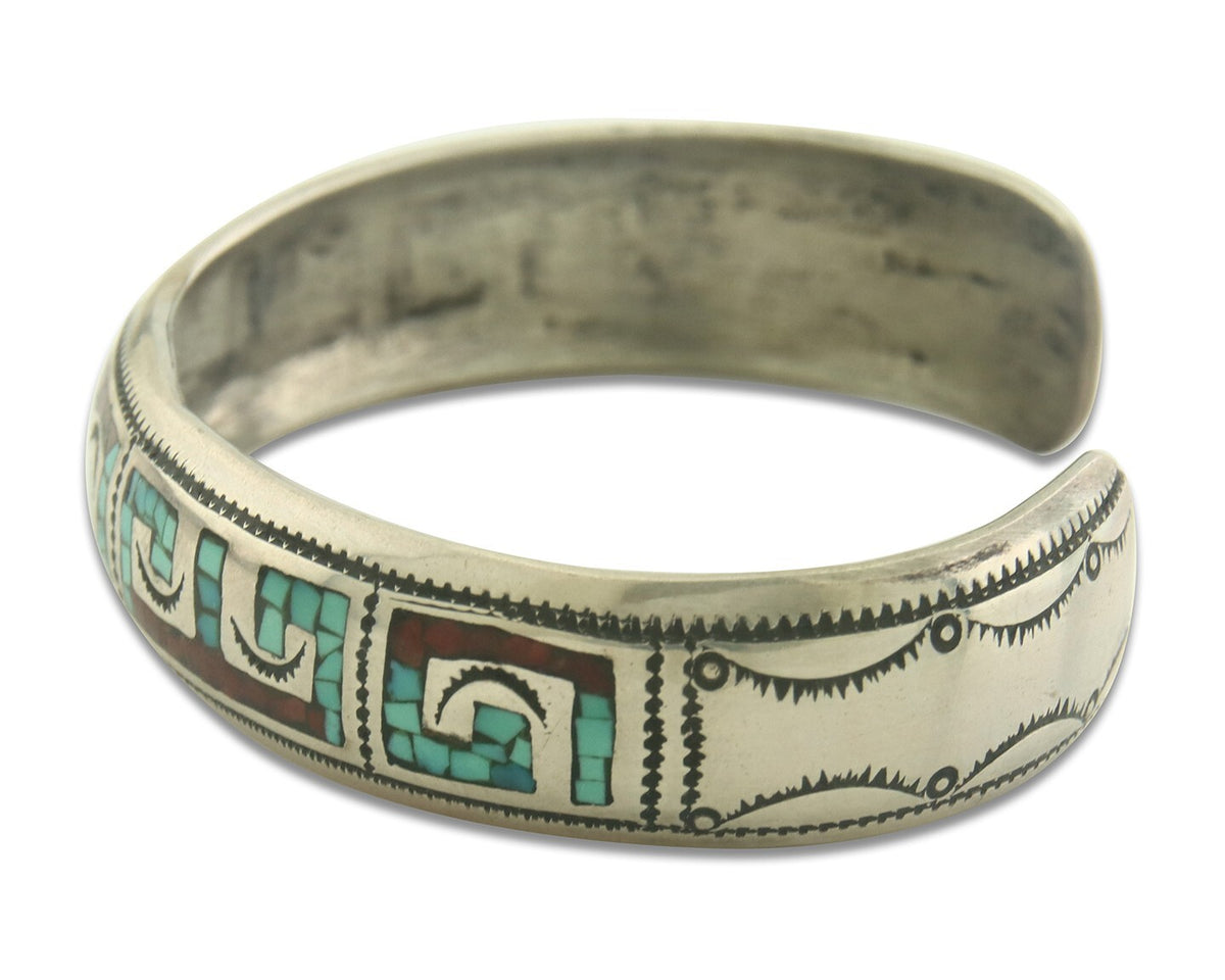 Navajo Bracelet 925 Silver Inlaid Coral Turquoise Cuff Artist Signed LB C.80's