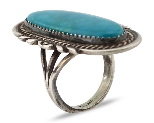 Navajo Ring 925 Silver Natural Blue Turquoise Artist Signed TALHAT C.80's