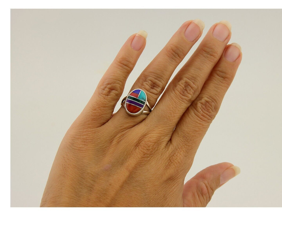 Navajo Ring 925 Sterling Silver Natural Gemstones Artist Signed Sunrise C.80's