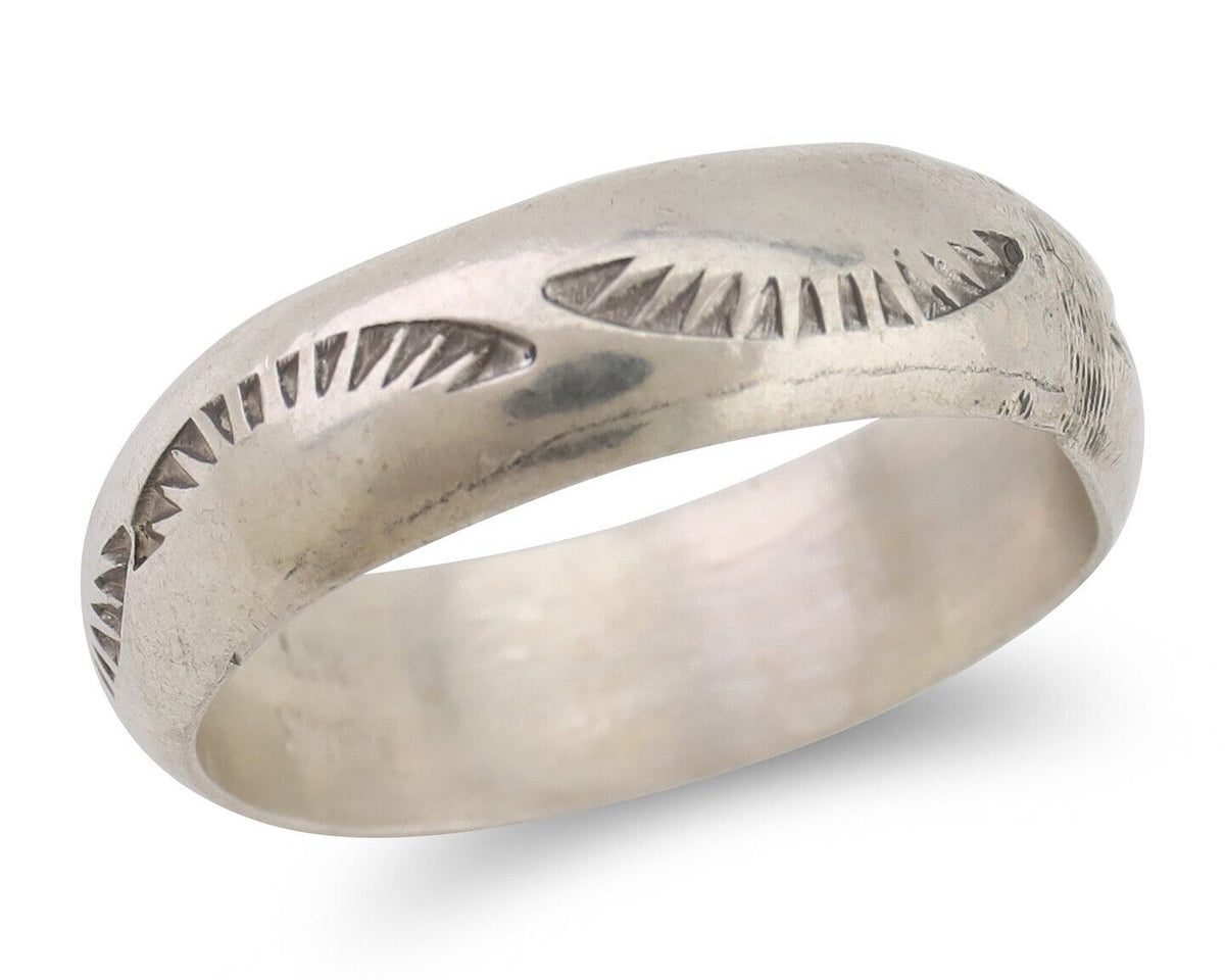 Navajo Hand Stamped Band 925 Silver 6.0 mm Signed Larry Chavez Size 8.75 C.80's