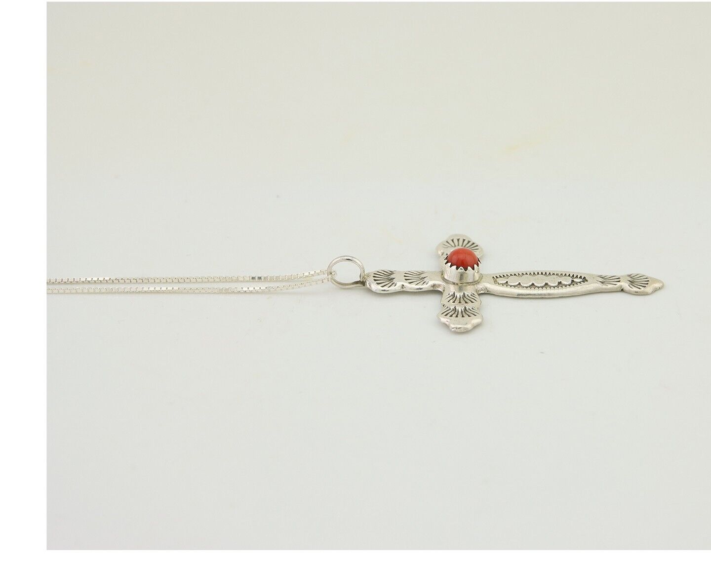 Navajo Cross Necklace 925 Silver Mediterranean Coral Native American Artist C80s