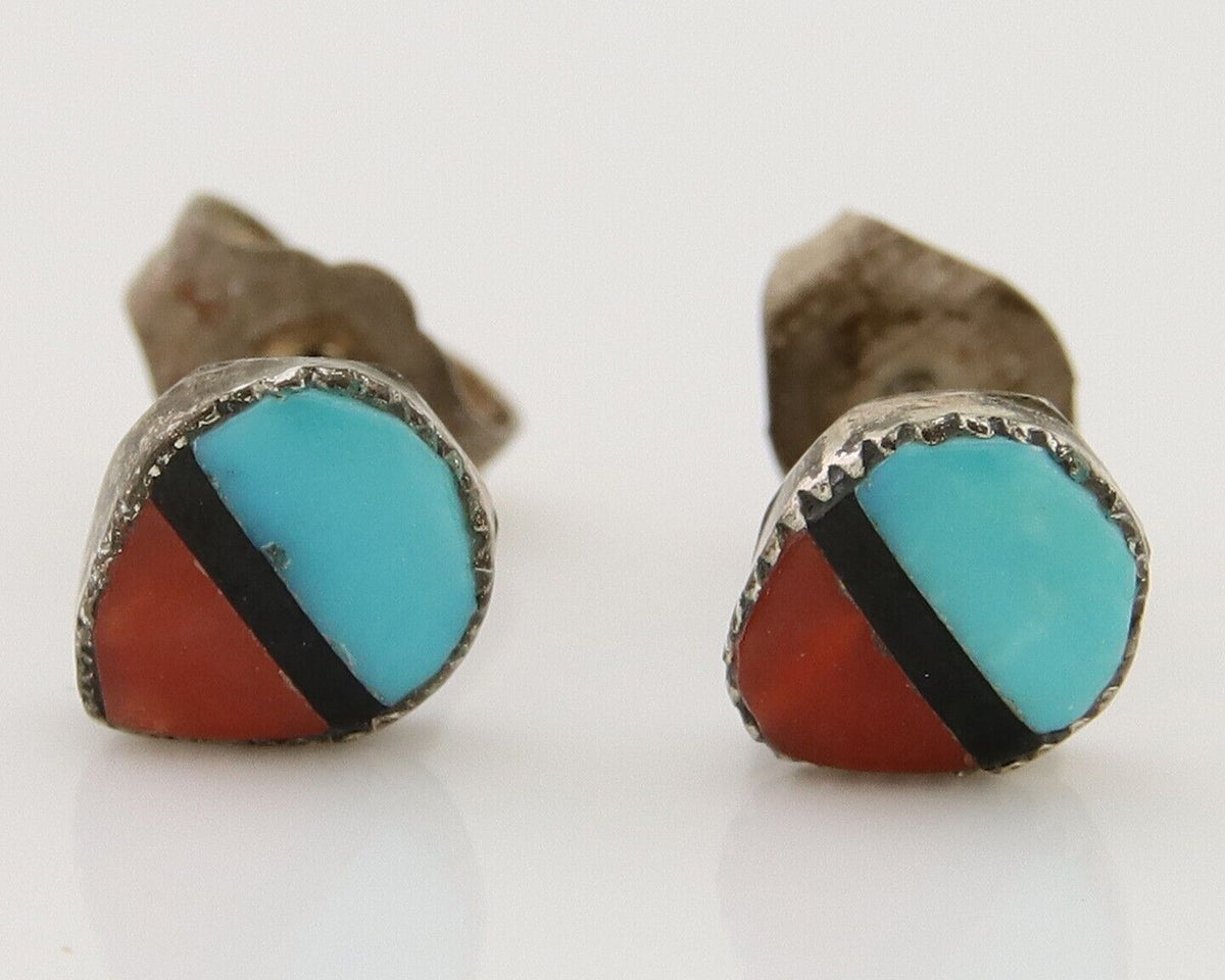 Navajo Earrings 925 Silver Inlaid Natural Onyx & Coral Native Artist C.80's