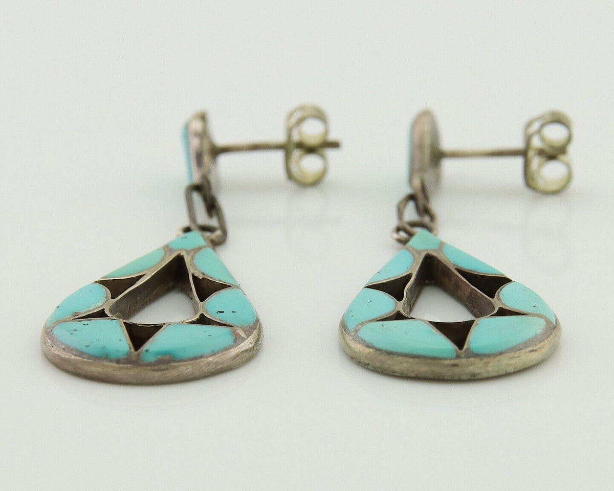 Zuni Dangle Earrings 925 Silver Natural Turquoise Native American Artist C.80's