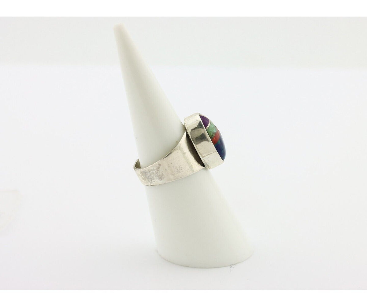 Zuni Inlaid Ring 925 Silver Mixed Natural Gemstones Native American Artist C.80s