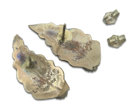 Navajo Earrings 925 Silver Natural Turquoise Artist Signed L-R JAKE C.80's