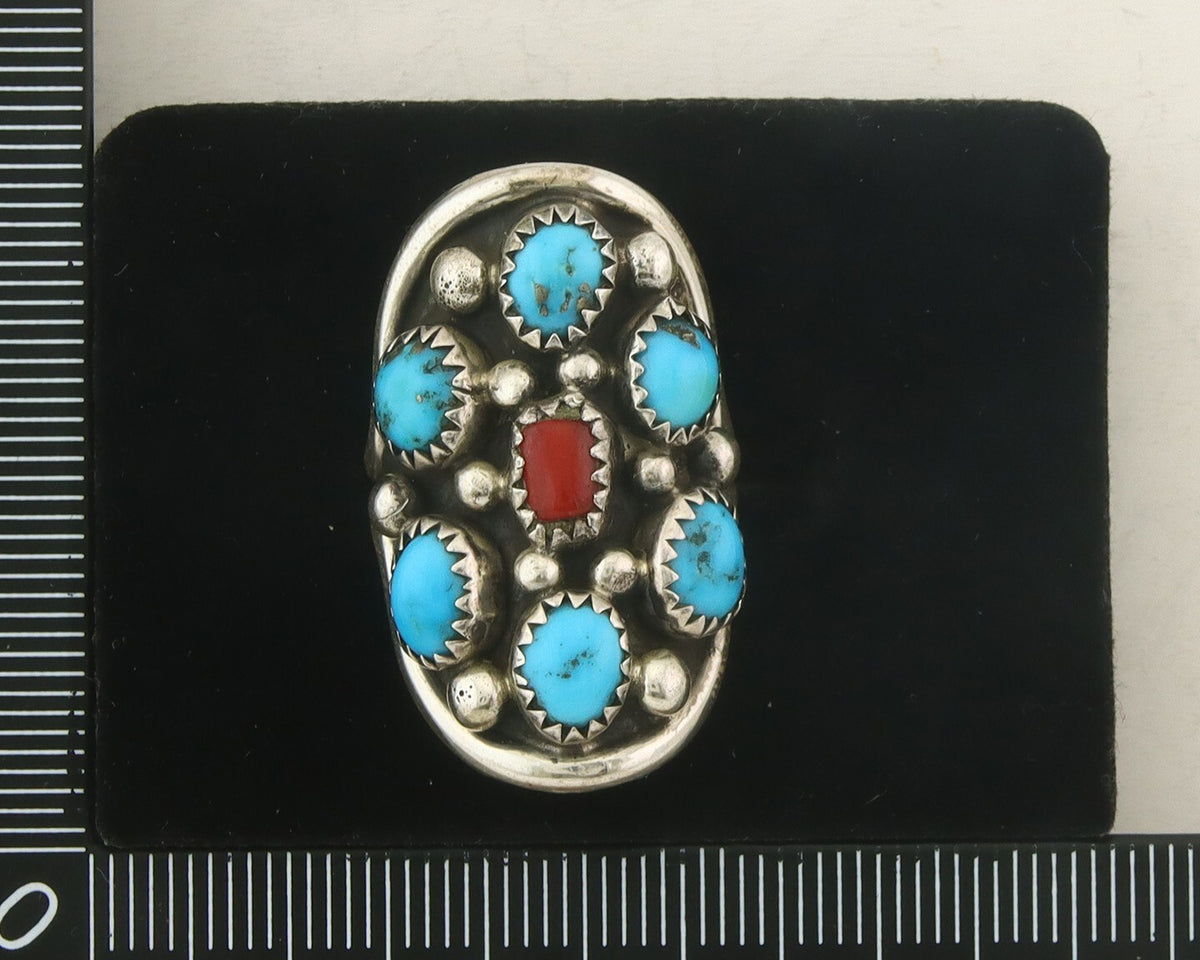 Navajo Ring 925 Sterling Natural Coral & Turquoise Signed EH C.80's Size 5.75